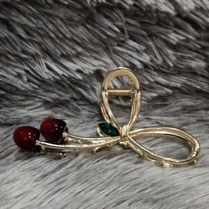 Gold Cherry Hair Claw Clip with Green Accent